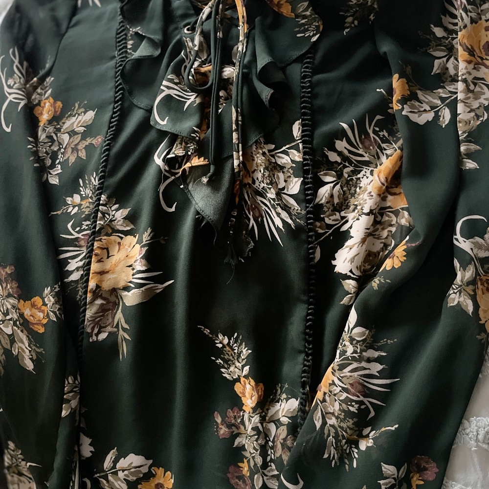 Coco + Carmen Dark Green Floral Ruffle Tie Blouse